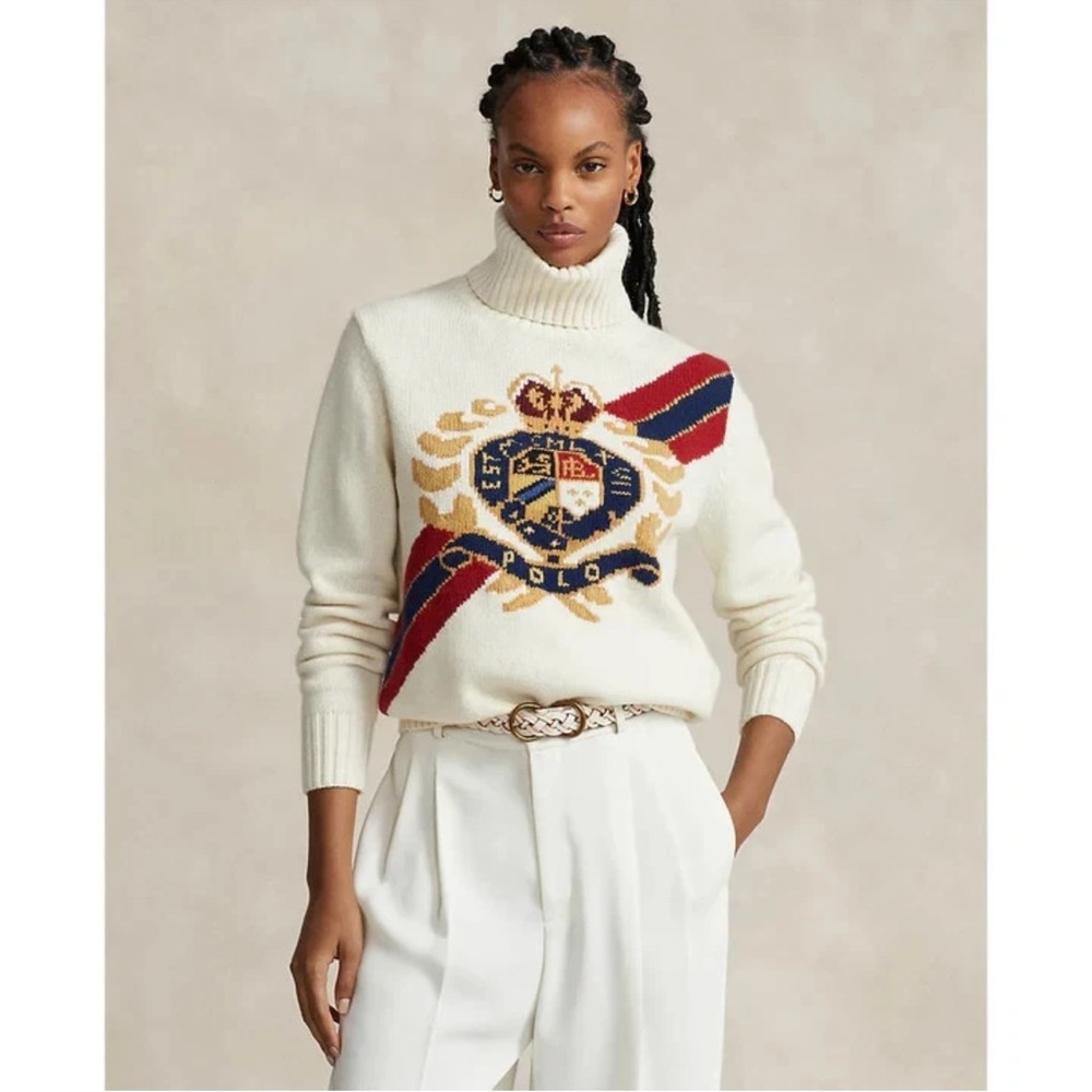 Polo by Ralph Lauren Women's White Turtleneck Sweater with Emblem